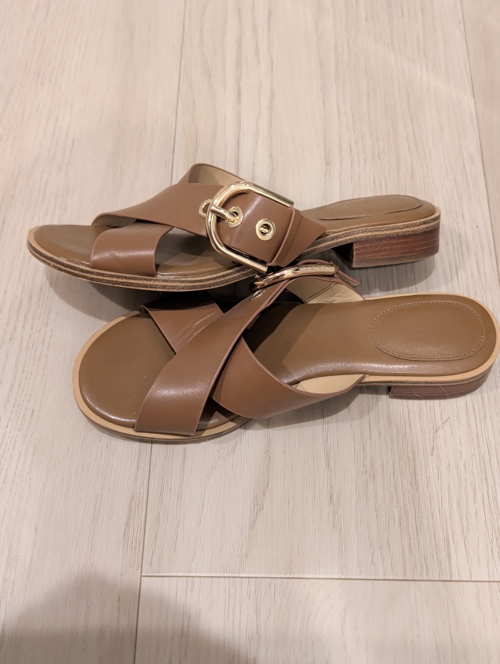 Michael Kors Tan Leather Slide Sandals with Gold Buckle